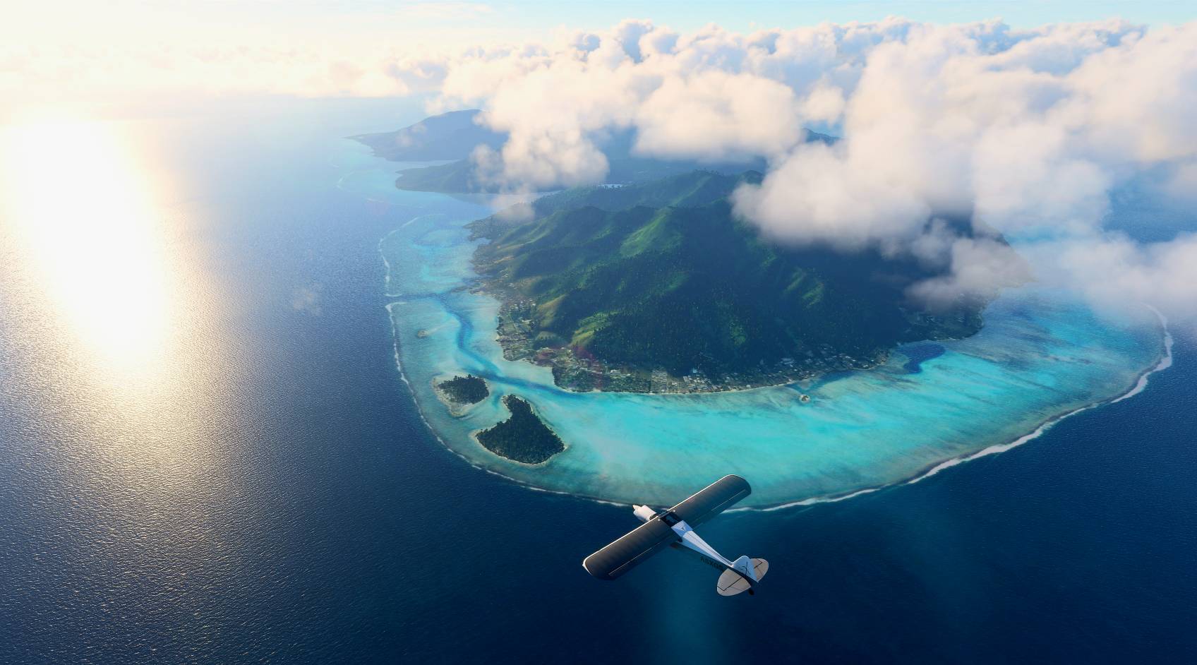 Microsoft Flight Simulator 2020 loading screen showing a small airplane flight over a tropical island